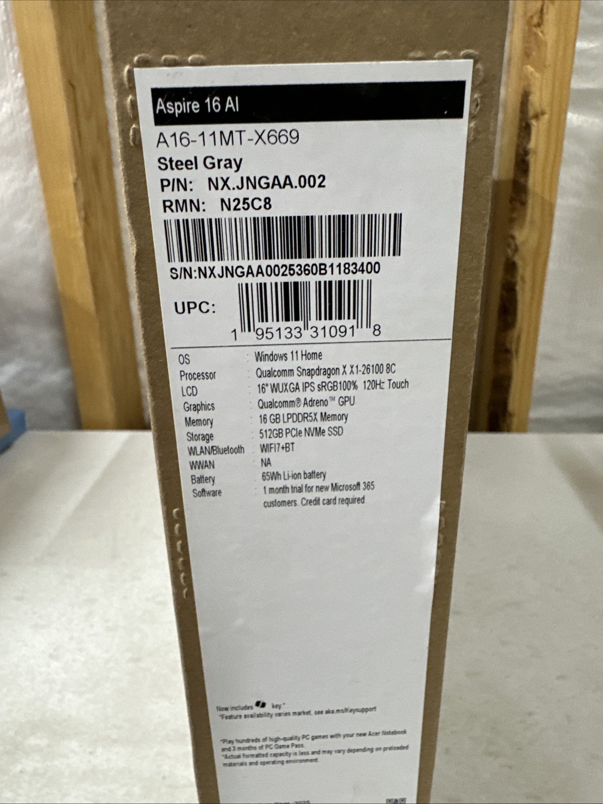 Acer Aspire 16 AI Copilot+ ‎Snapdragon Laptop A16-11MT-X669 16 GB 512GB SSD