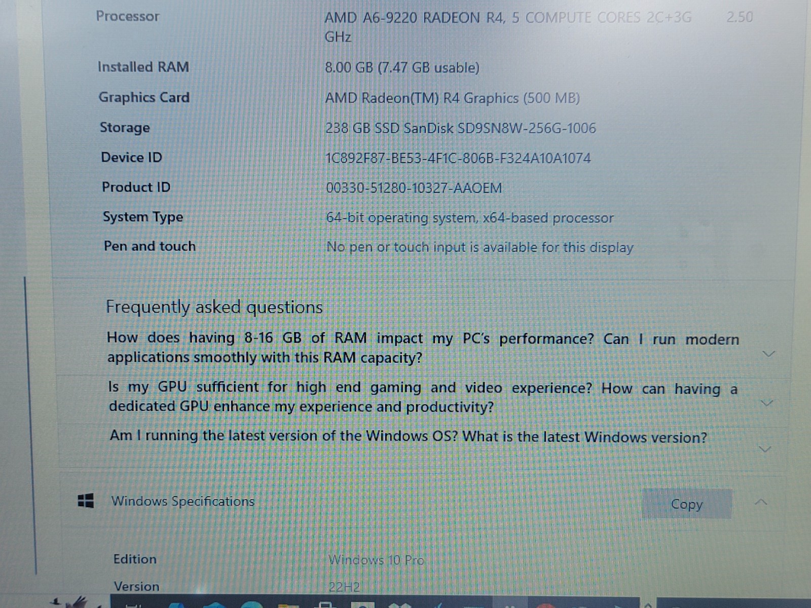 HP 255 G6 Notebook AMD R4 Radeon 8 GB Ram / 256 GB SSD OS Windows10 pro
