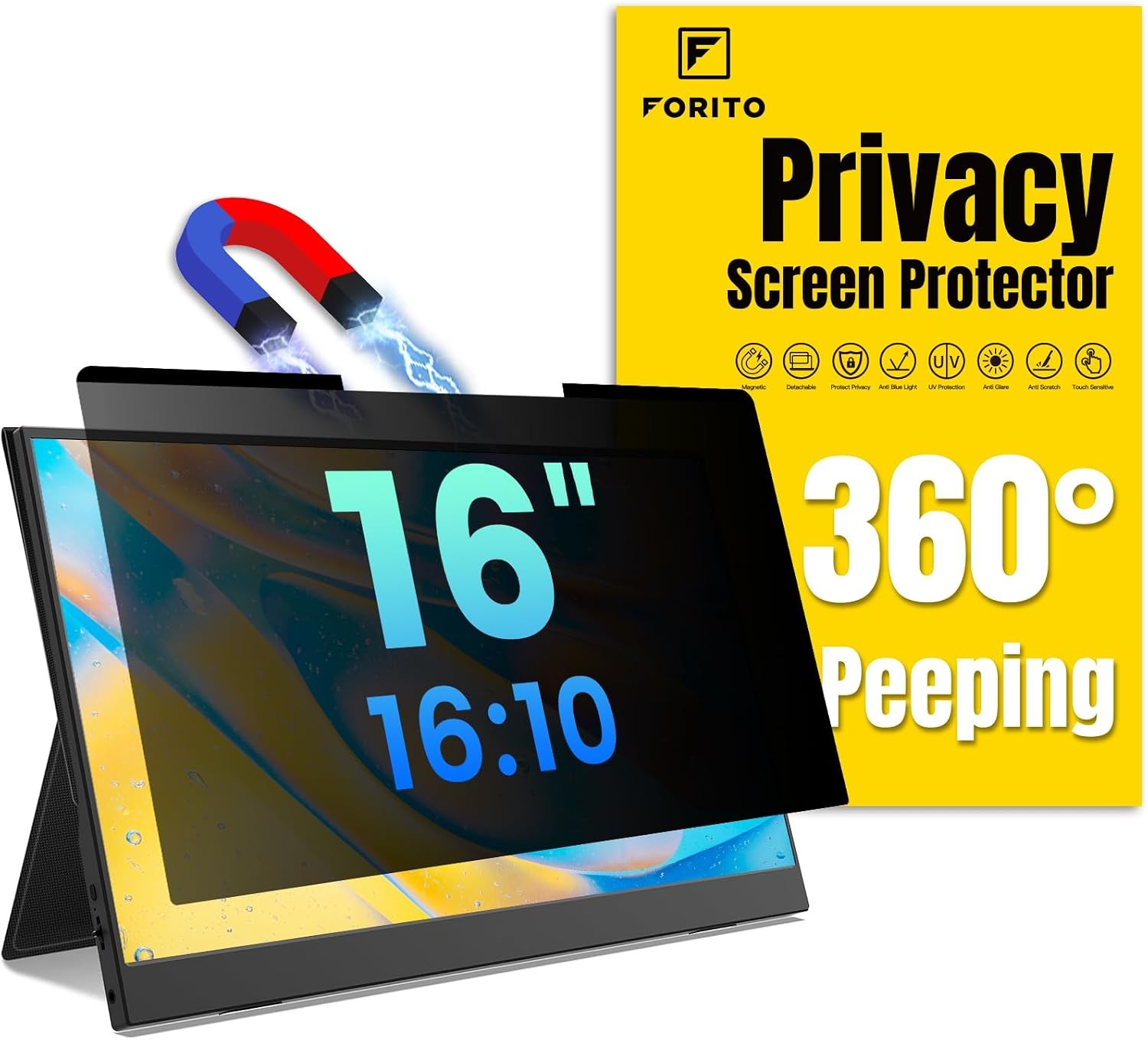 16 Inch 16:10 Magnetic Privacy Screen for Laptops, 360° Anti Peeping Removable F