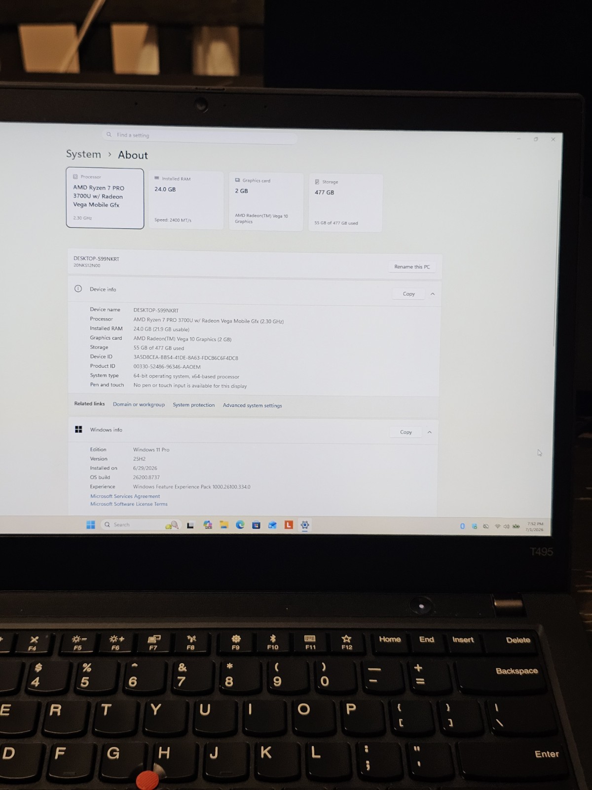 ThinkPad T495 Ryzen 7 Pro/ Radeon Vega Graphics 24GB RAM 512GB SSD WIN 11/Webcam
