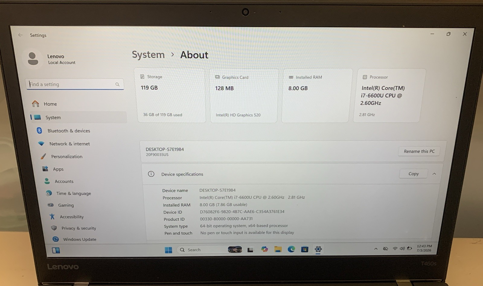 🔥5x Lenovo ThinkPad T460S 8GB 128GB SSD Intel Core i7-6600u 14″☆WIN 11 PRO☆