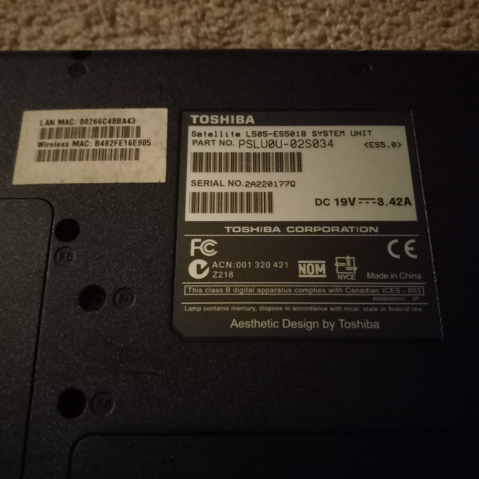 Toshiba Satellite L505-ES5018 Pentium Dual Core T4400 2.20GHz Laptop