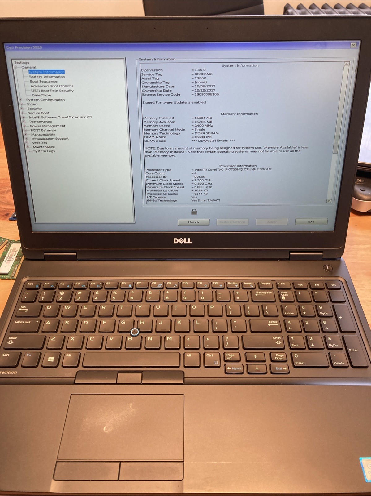 15.6″ Dell Precision 3520 Laptop Intel i7-7700HQ 16gb RAM NO SSD NO OS