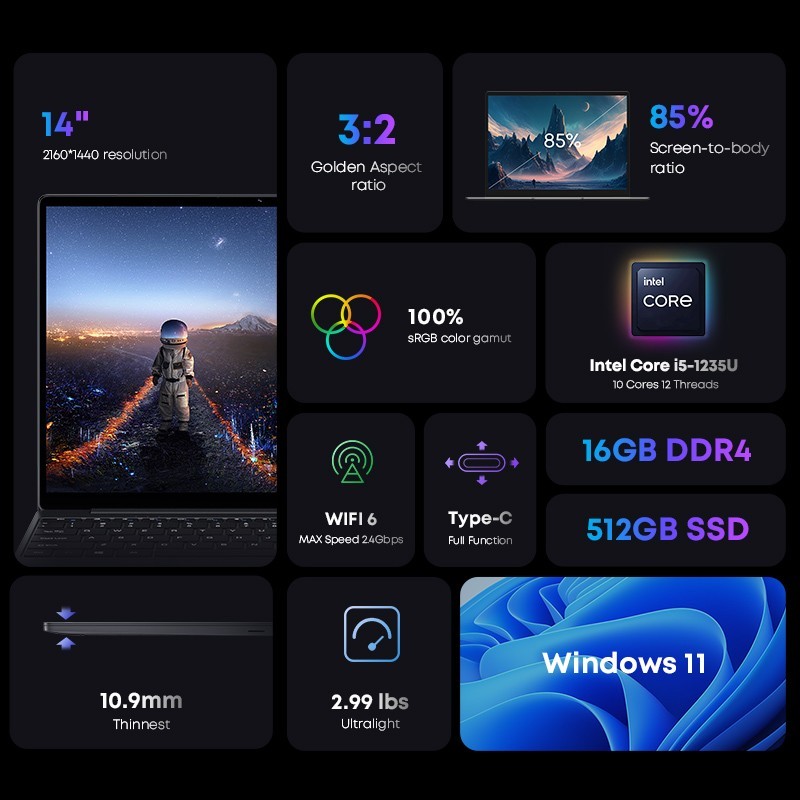 CHUWI CoreBook X 14.1″ i5-1235U Laptop, 16GB DDR4 512GB NVMe SSD, Win 11