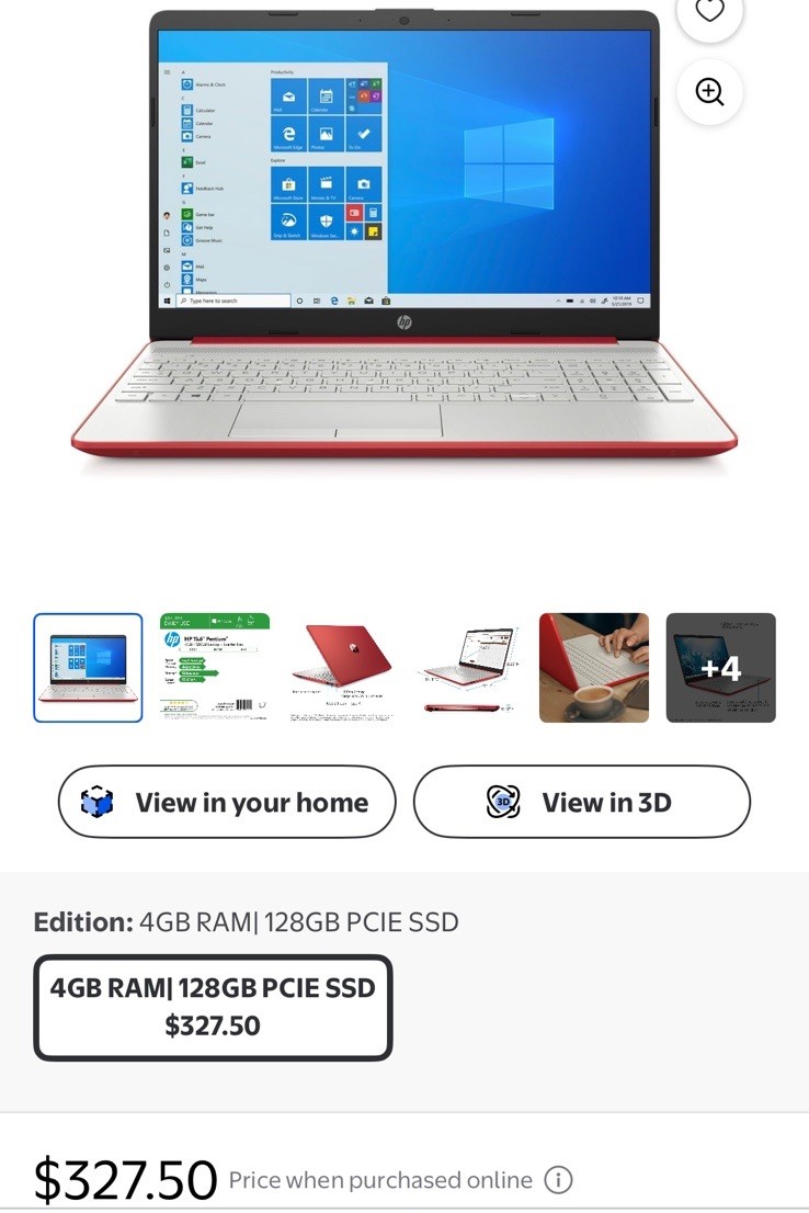 HP 15.6in Laptop Intel Pentium 4GB RAM 128GB SSD Win 10 FHD Red/Silver