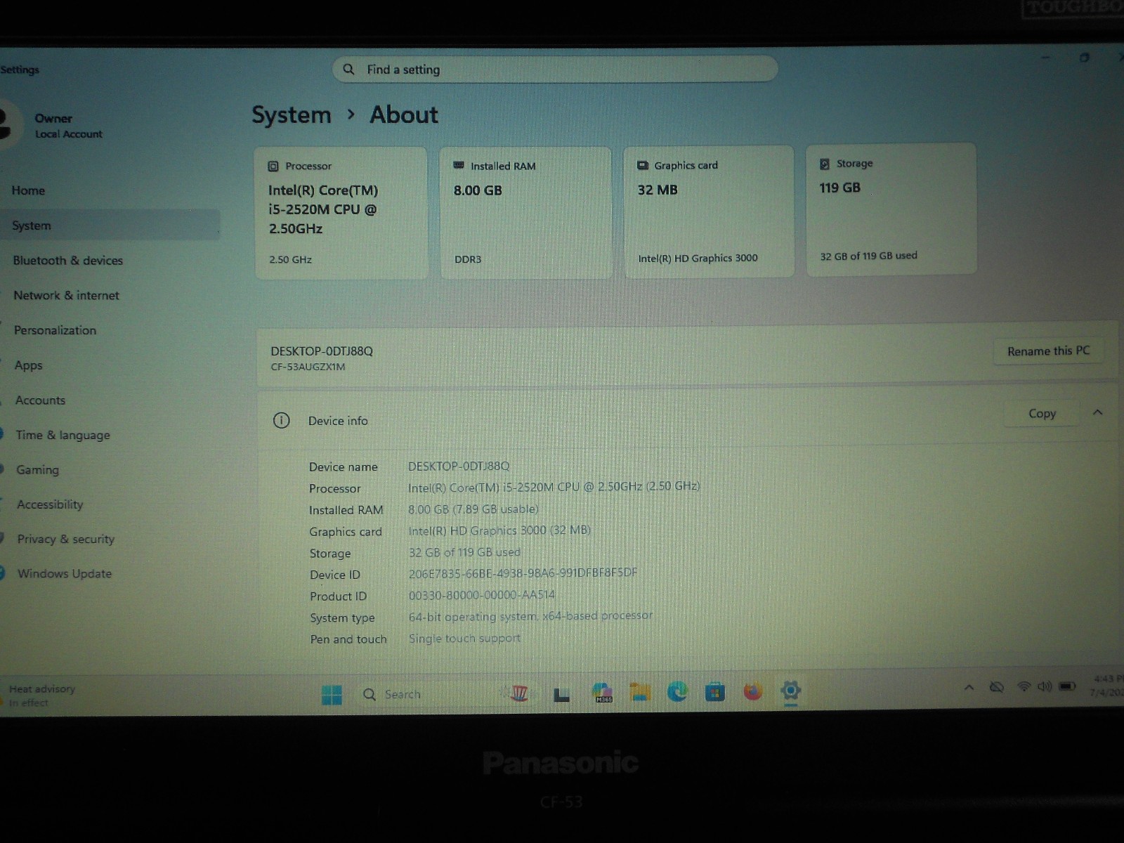 Panasonic CF-53 Tough Book I5 2.5 GHz CPU 8 GB RAM 128 GB SSD Windows 11 Pro
