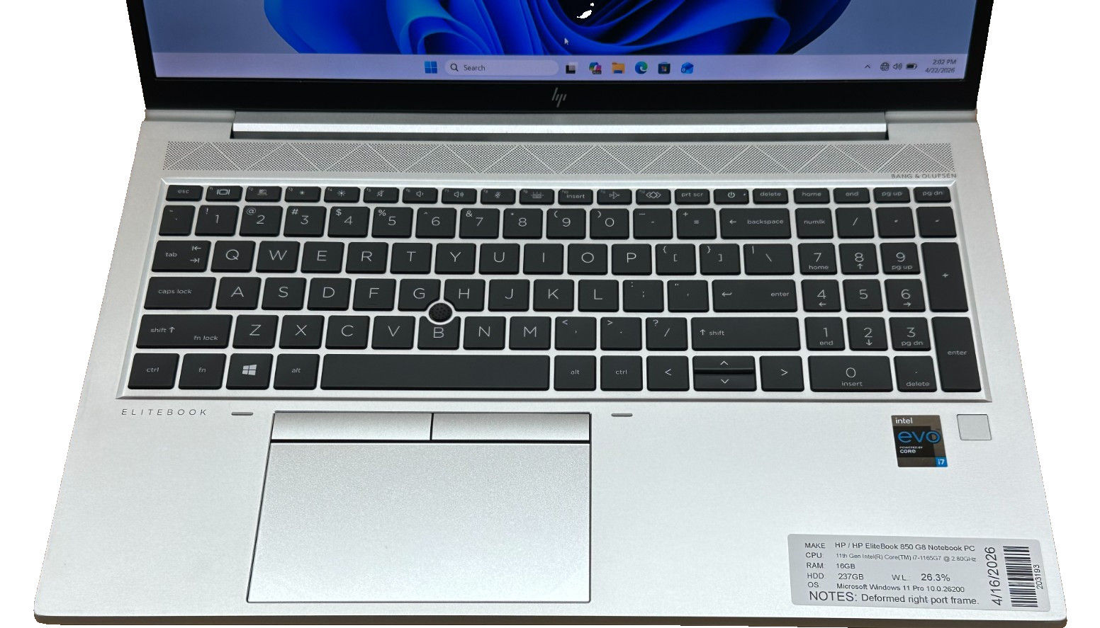 HP ELITEBOOK 850 G8 LAPTOP CORE i7-1165G7 @ 2.80 GHZ 16GB RAM 238GB SSD (lp698)