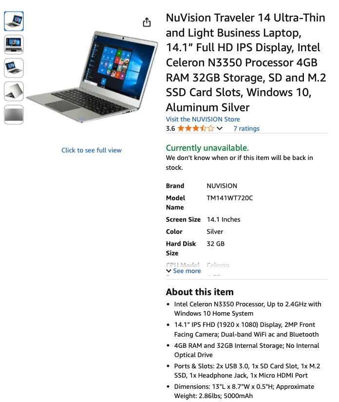 NuVision Traveler 14 Ultra-Thin Business Laptop 14.1” FHD IPS- FOR PARTS