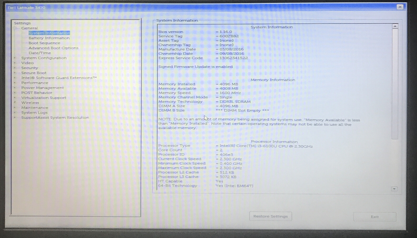 DELL LATITUDE 3470 INTEL CORE I3-6100U 2.30GHZ 4GB RAM NO HD Boot to BIOS