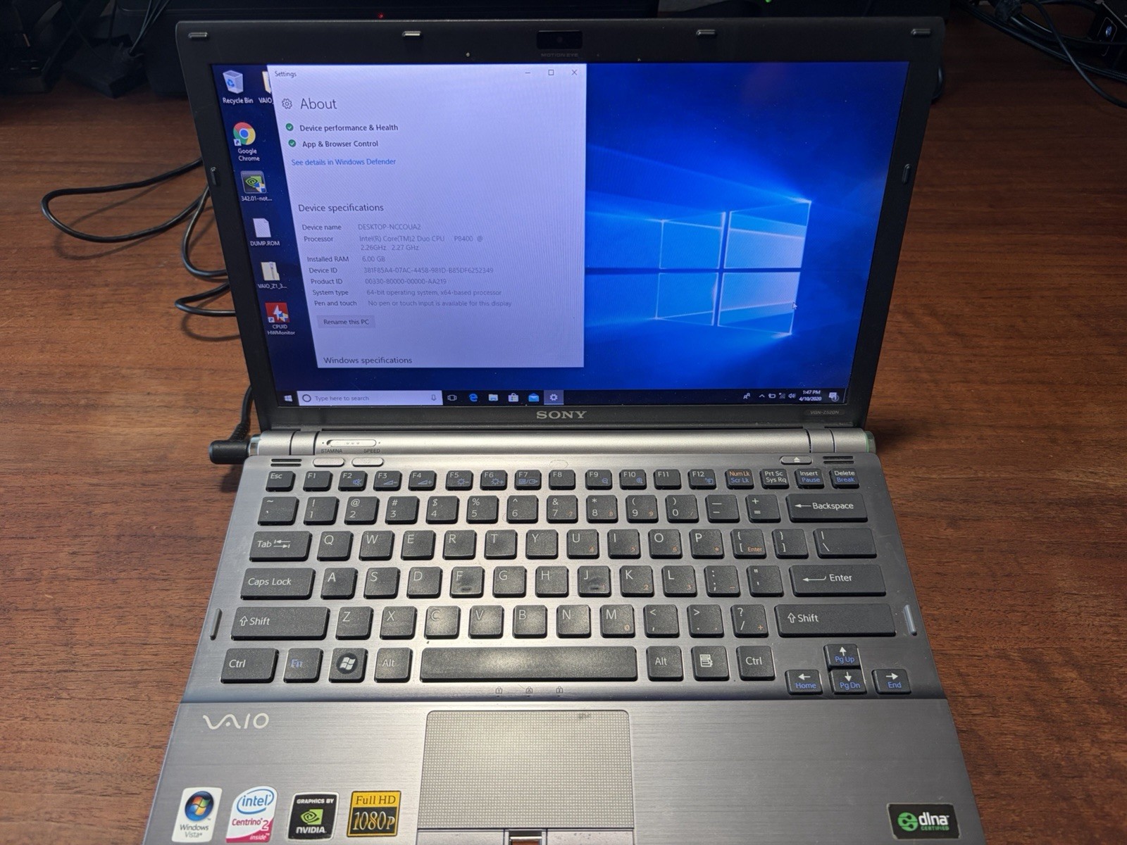 Sony VAIO VGN-Z520N/B 13.1in Core 2 Duo P8400 6GB 128GB SSD Win10