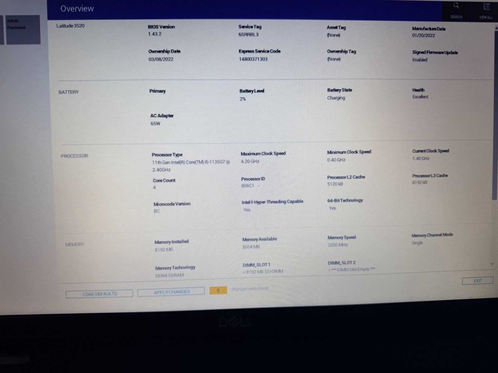Dell Latitude 3520 I5-1135G7, 8GB RAM, 256GB SSD, Windows 11, No Charger