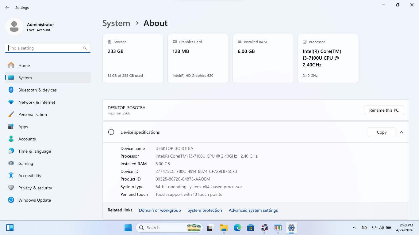 Dell Inspiron- 5566 – 14” – Core i3-7100U 2.4GHz 6GB RAM 256GB SSD Black