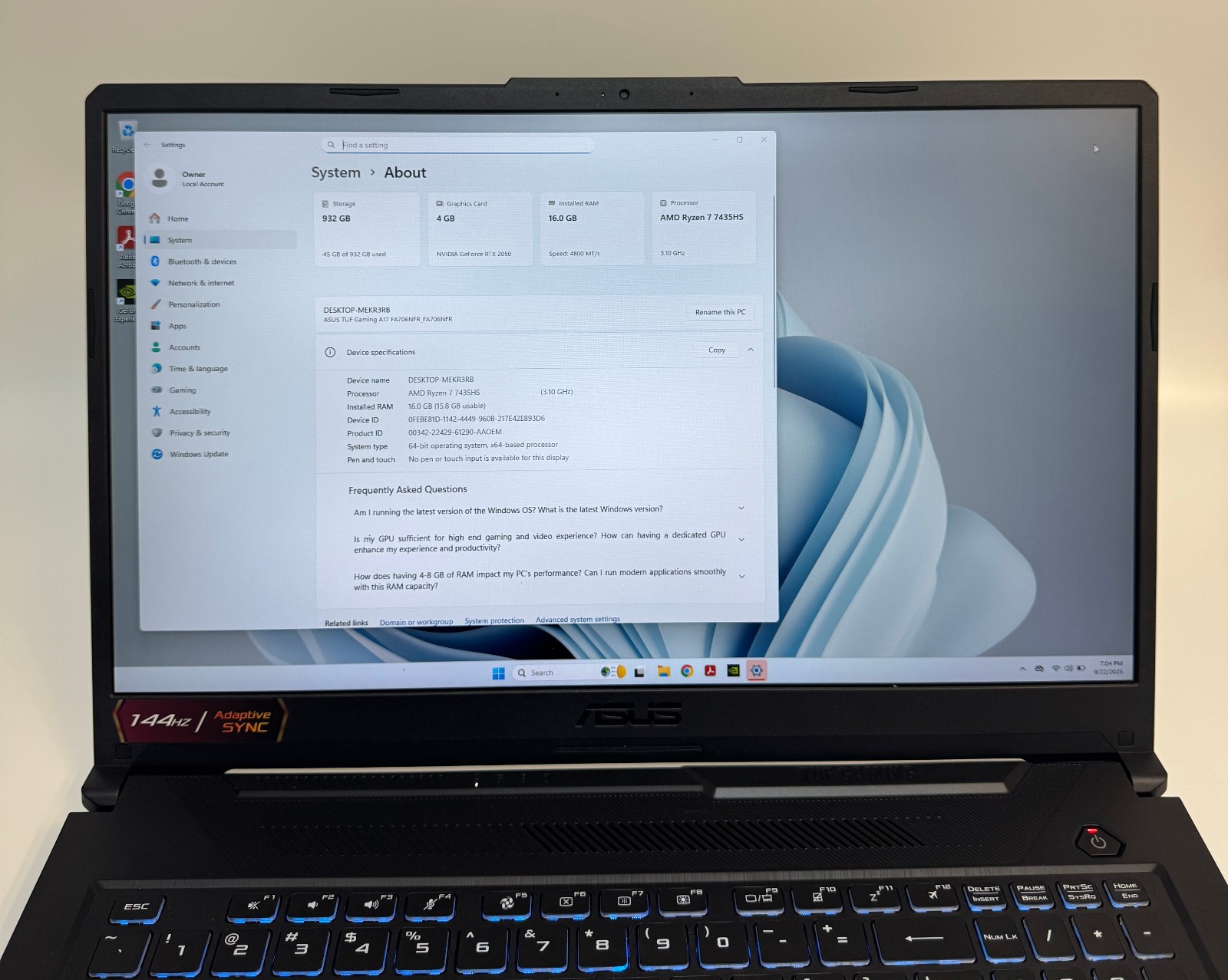 ASUS TUF Gaming A17 | Ryzen 7 7435HS | 16GB RAM | 1TB M.2| RTX 2050 4GB | Win 11