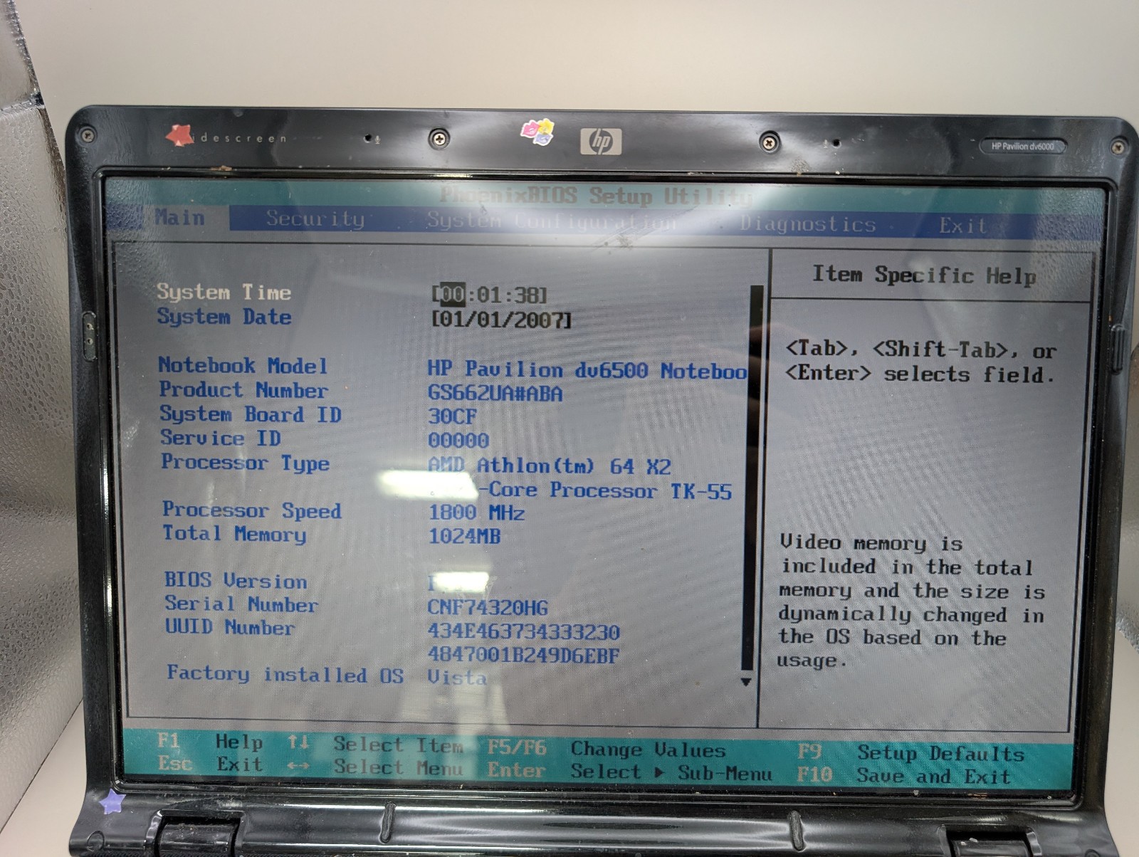 HP Pavilion dv6500 AMD Athlon Dual Core TK55 1.8GHz 1 GB RAM NO HDD NO BATTERY