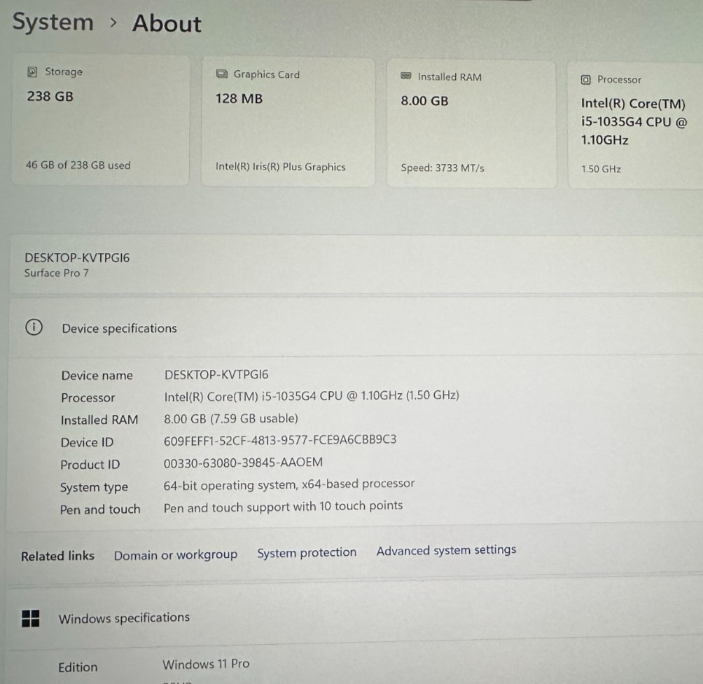 MICROSOFT SURFACE PRO 7 LAPTOP CORE i5-1030g4 @ 1.10Ghz 8GB RAM 238GB SSD (lp659
