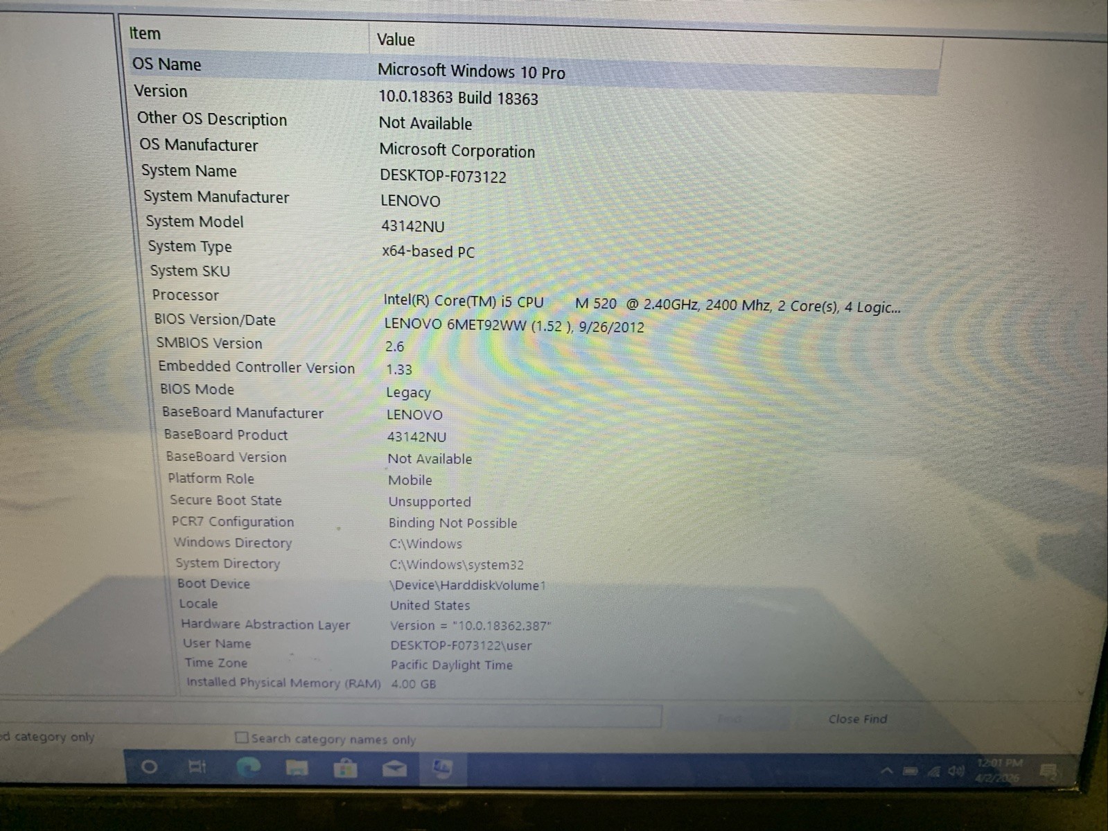 Lenovo ThinkPad T510 Intel i5-M520 2.4GHz 4GB RAM 128GB SSD WIND 10 Pro