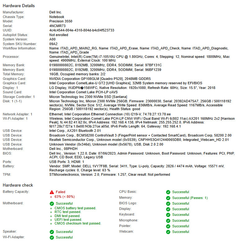 Dell Precision 3550, i7-10510U CPU, @1.80GHz, 16GB RAM, 256GB NVMe-No OS/Charger