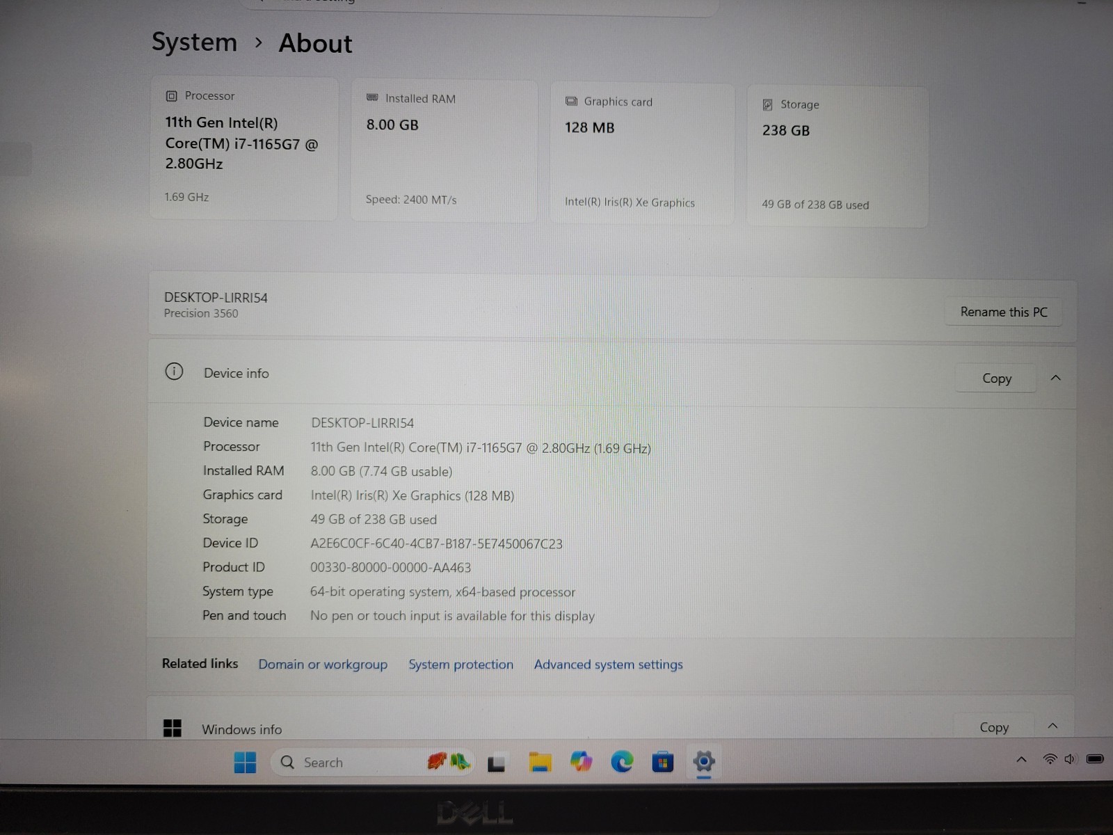 Dell Precision 3560 15.6″ i7-1165G7 8GB RAM 256GB SSD Win 11 Pro – LP40A