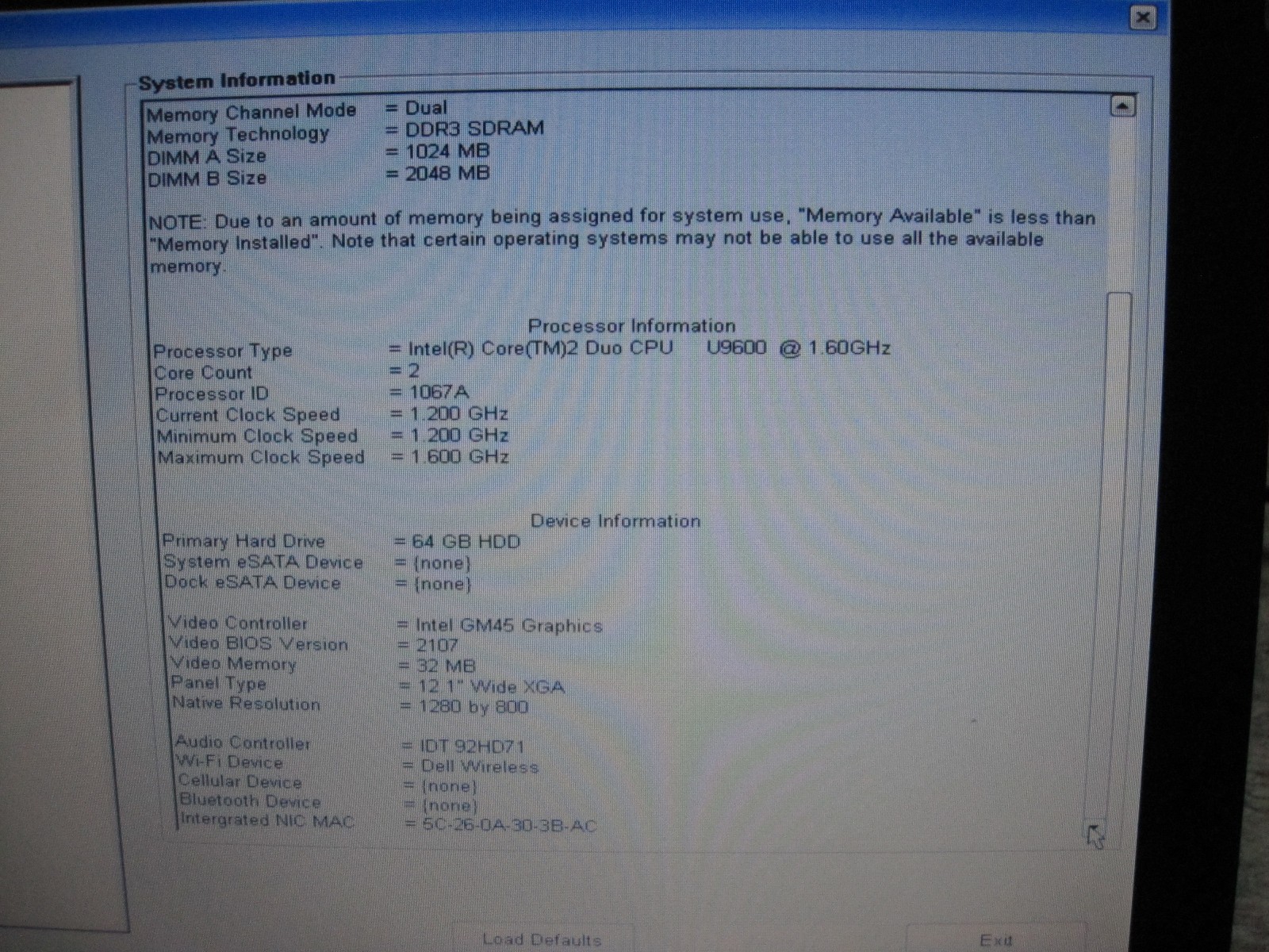 Dell Latitude E4200 Intel Core 2 DUO CPU U9600 @ 1.60GHZ / 2GB / 64GB Hard drive