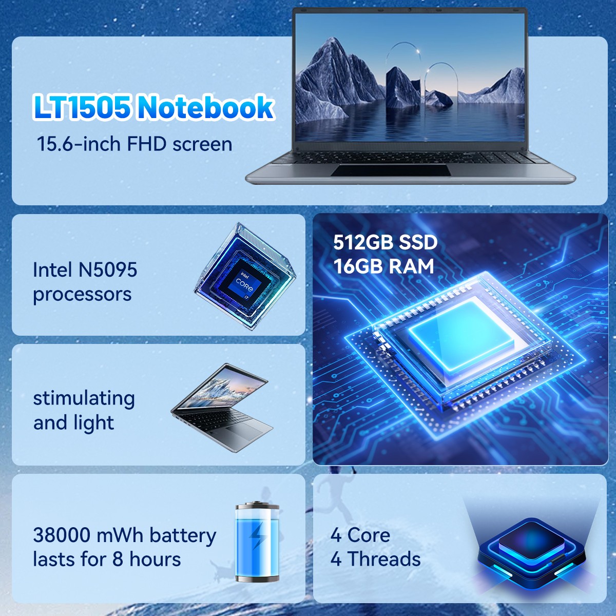 15.6 inch Laptop 16GB+512GB Windows 11 Computers Support WiFi/Bluetooth Gray PC