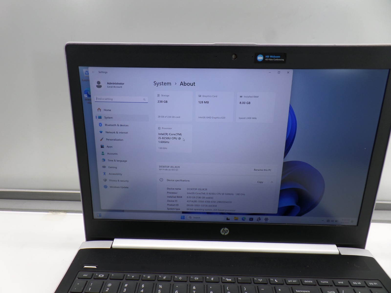 HP ProBook 450 G5 | 15.5″ | i5-8250U 1.60GHz | 8GB RAM 256GB SSD | WIN 11 PRO
