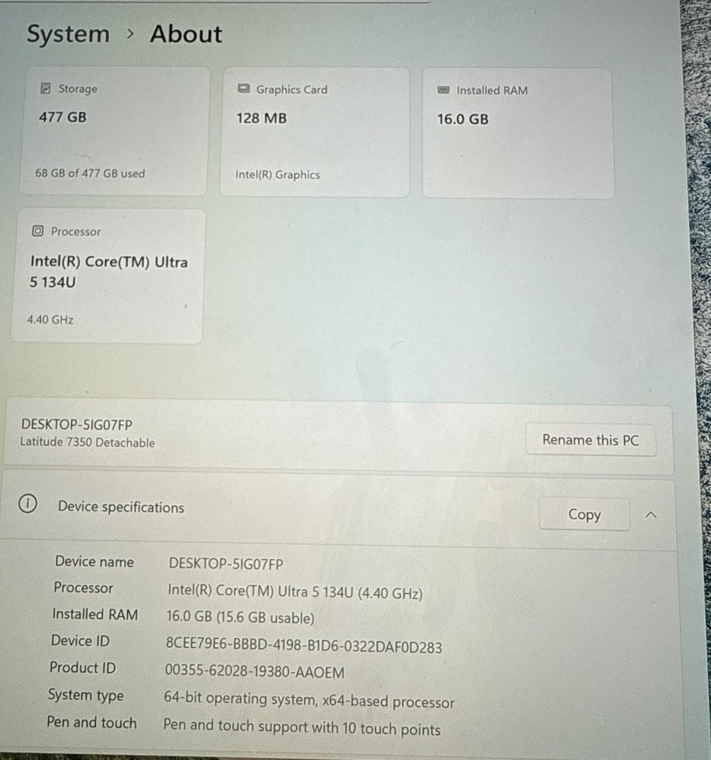 Dell Latitude 7350 13″ Detachable Intel Ultra 5 16GB RAM 512GB SSD W11P