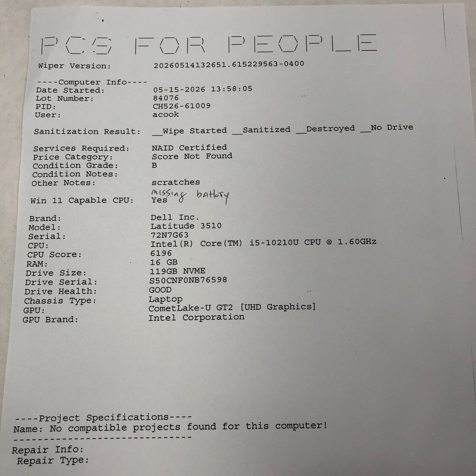 Dell Latitude 3510 Intel Core i5 10210U 16GB RAM 128GB SSD No Battery