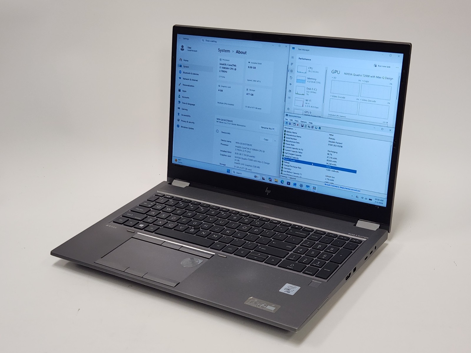 HP ZBook Fury 15 G7 15.6″ i7-10850H 2.7GHz 8GB RAM 512GB SSD W11P Quadro T2000