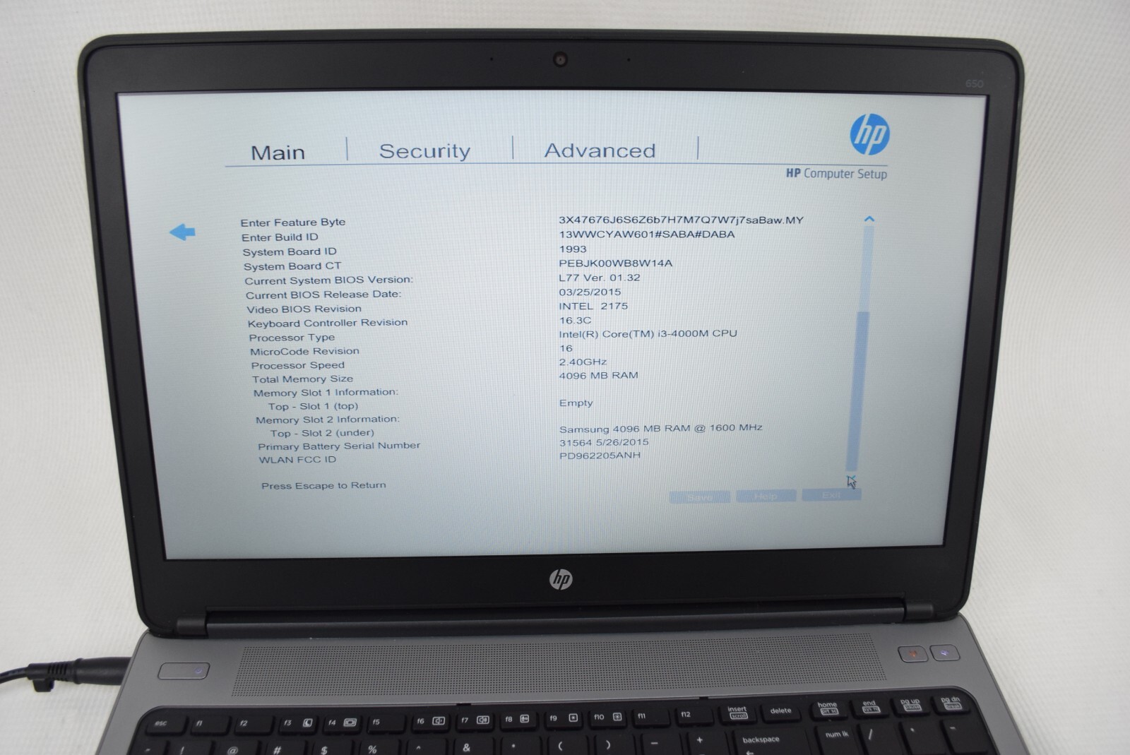 HP ProBook 650 G1 Intel Core i3-4000M 2.4GHz 4 GB 15.5″ NO HDD or OS
