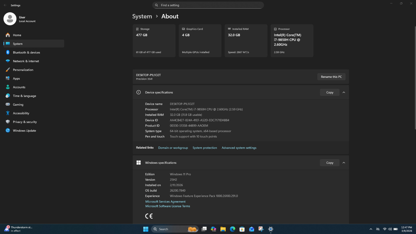 Dell Precision 3541 Mobile Workstation Intel(R) Core(TM)i7-9850H CPU @2.6 GHz 44