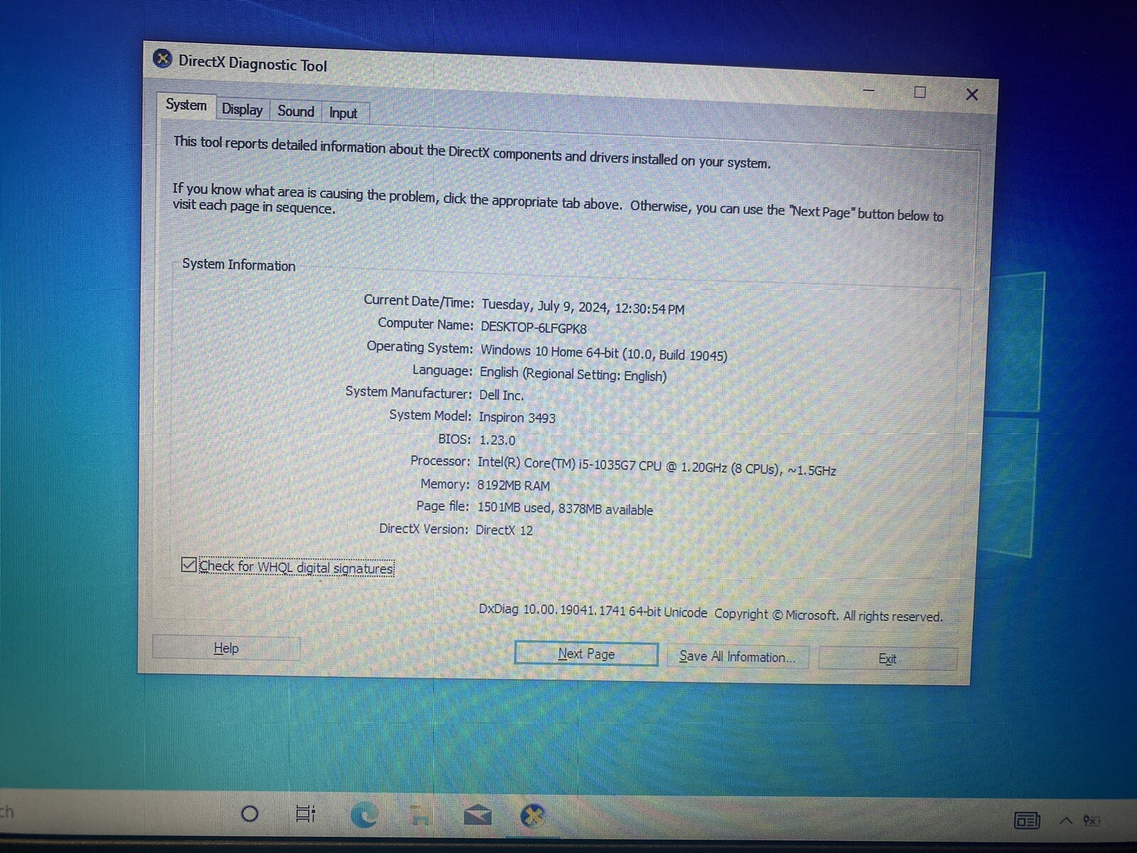 Dell Inspiron 3493 14″ i5-1035G7 1.2GHz 8GB 256GB SSD RAM WIN10 HOME