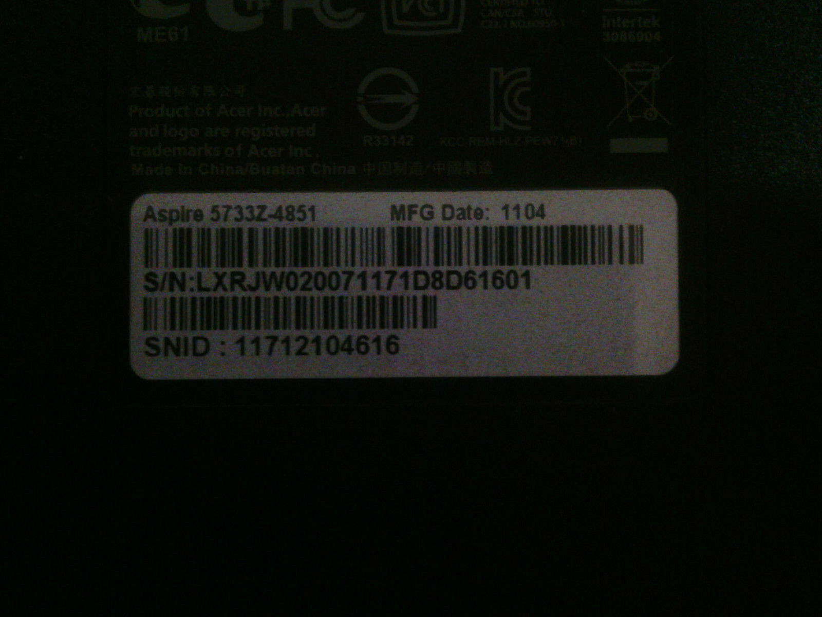 Acer Aspire 5733Z-4851 15.6 Gray Laptop NO HDD No OS (Please Read)