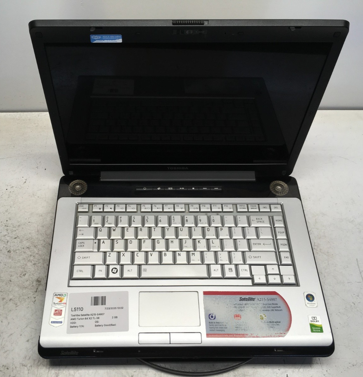 Toshiba Satellite A215-S4807 AMD Turion 64 X2 TL-56 1.8GHz 2 GB NO HDD