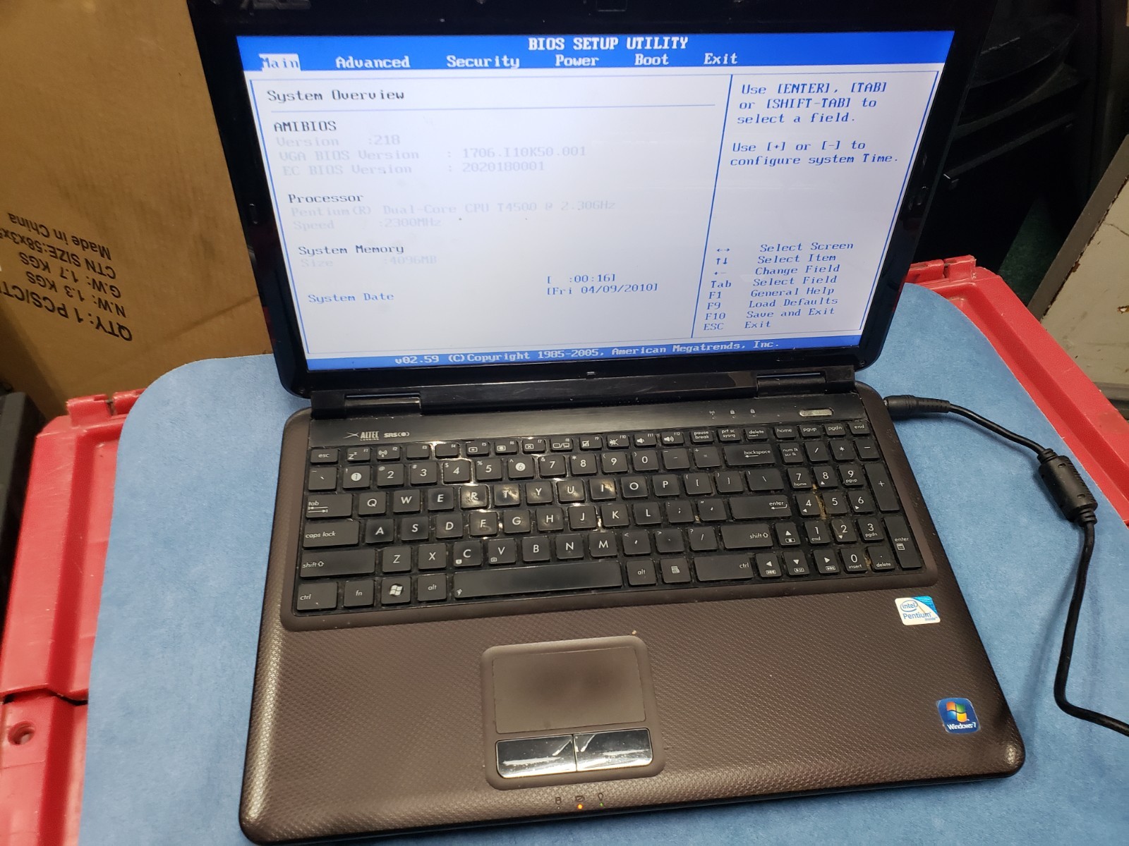 Asus K501 laptop intel pentium t4500 cpu 2.30ghz 4gb ram for parts as is