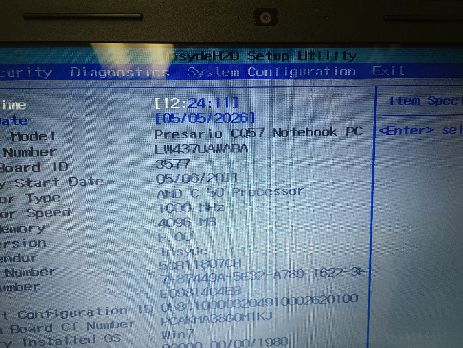Compaq Presario CQ57-229WM AMD C-50 1.00 GHz 4 GB Ram NO HDD Boot To Bios