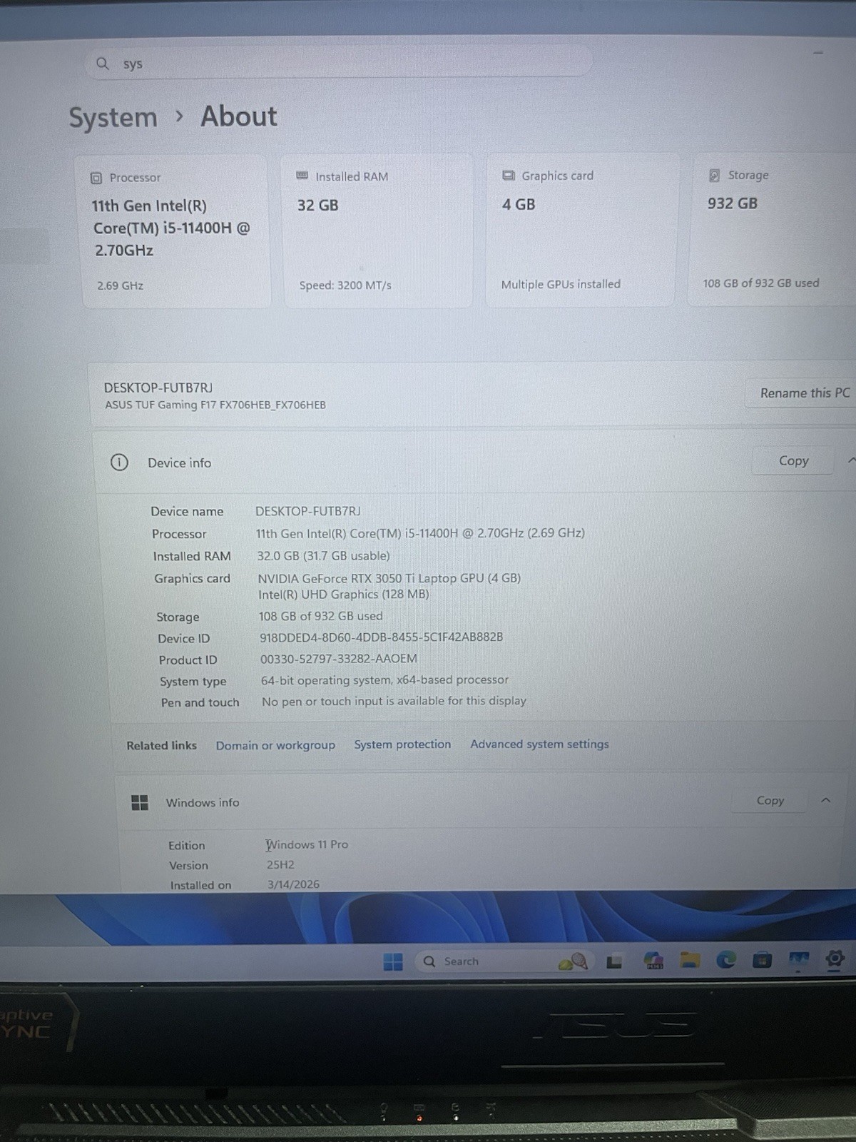 ASUS TUF Gaming F17 17.3″ i5-11400H 32GB 1TB SSD RTX 3050 Ti Win11 Pro