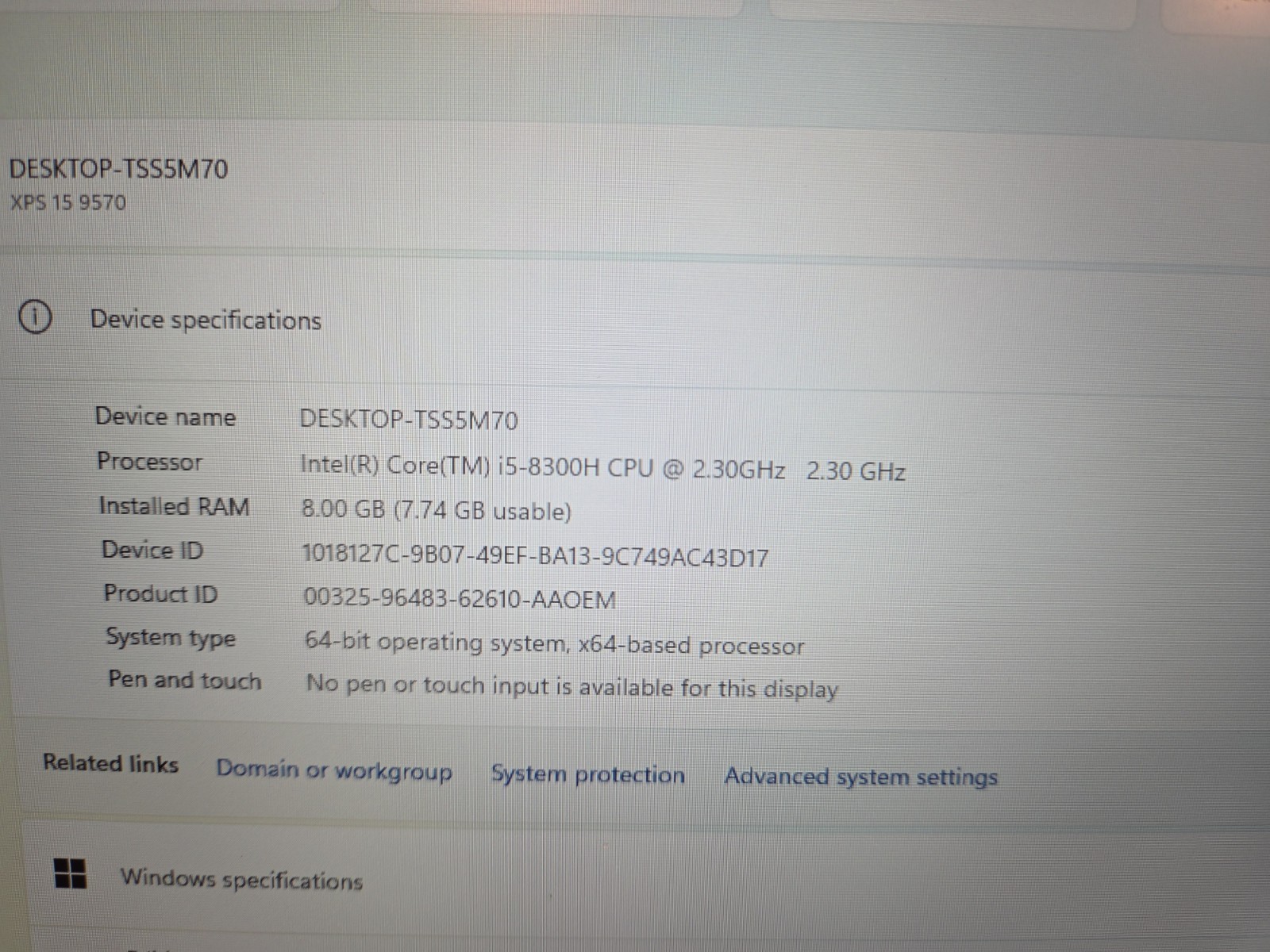 Dell XPS 15 9570 Intel Core i5-8300H 2.3GHz 8GB RAM 256GB NVMe