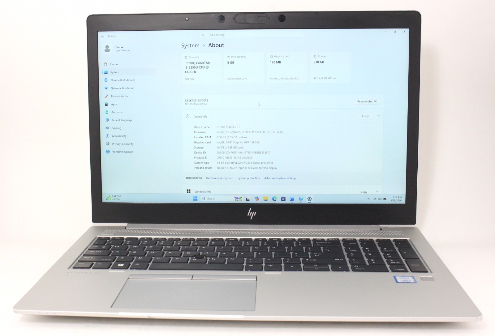 HP Elitebook 850 G5 15.6″ 1.6GHz i5-8250U 256GB SSD 8GB RAM Win 11 Pro ; 6181288