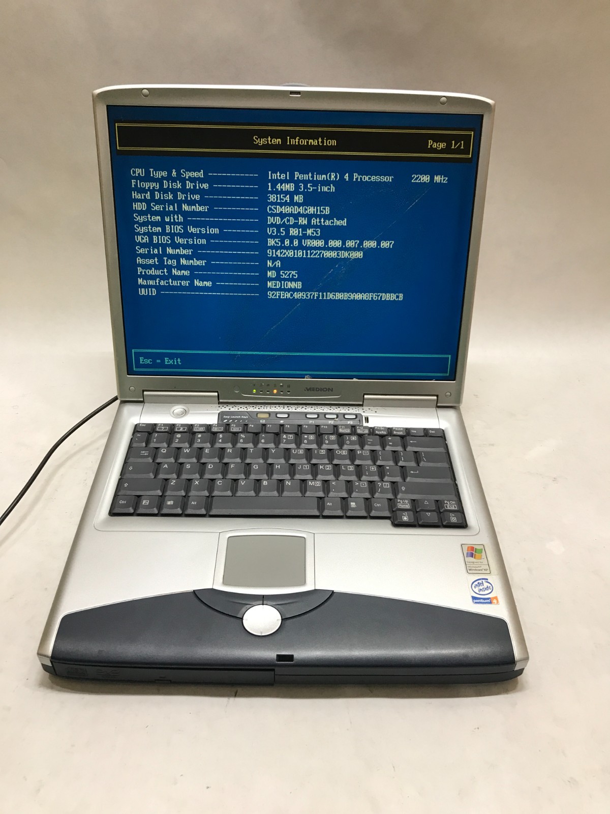 Medion MD 5275 15″ Intel Pentium 4 512MB RAM NO HDD/OS For Parts READ DESC! – DW