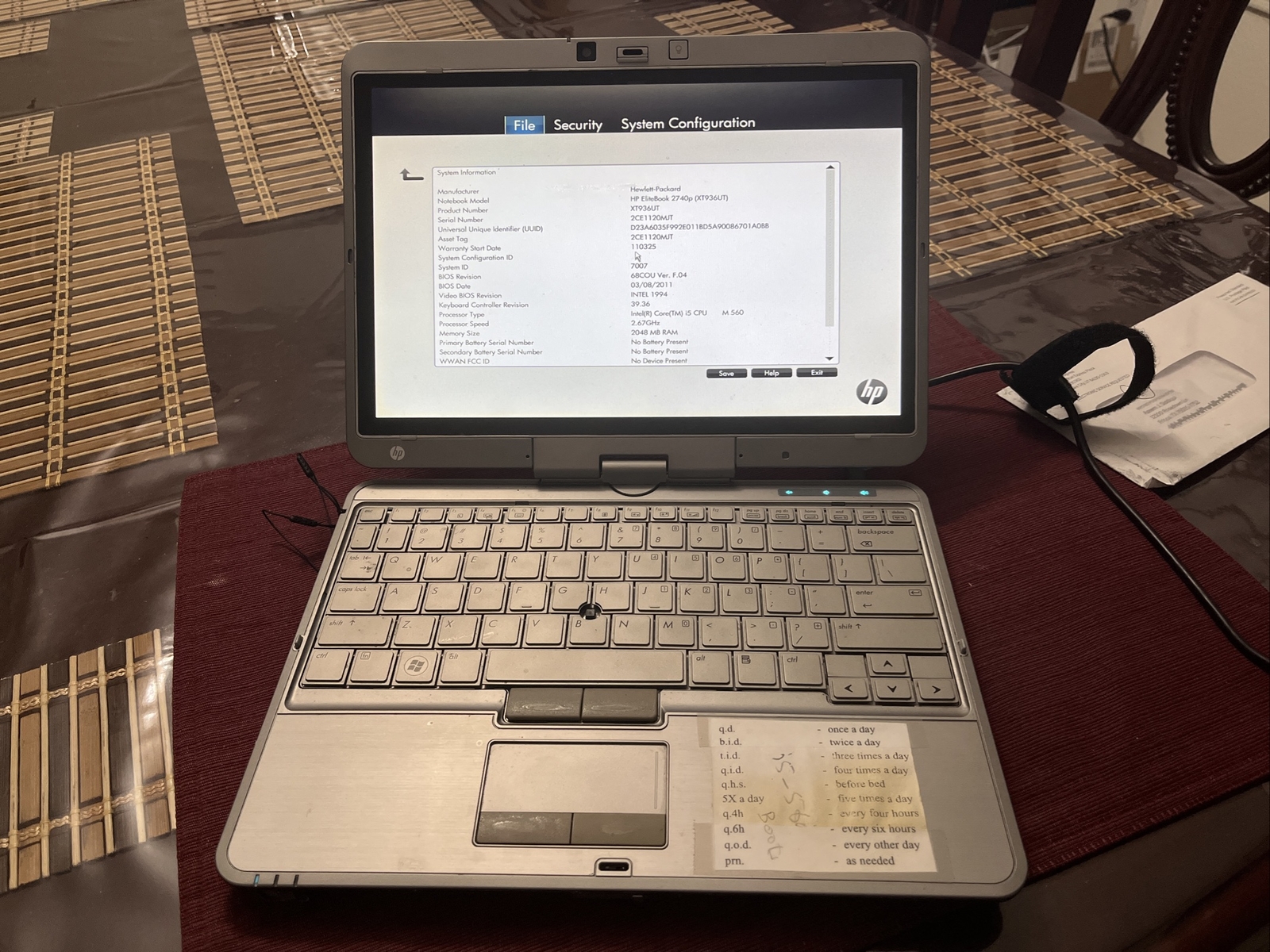 HP EliteBook 2740p Tablet Laptop For Parts Boots to BIOS NO HDD/Battery/RAM JR