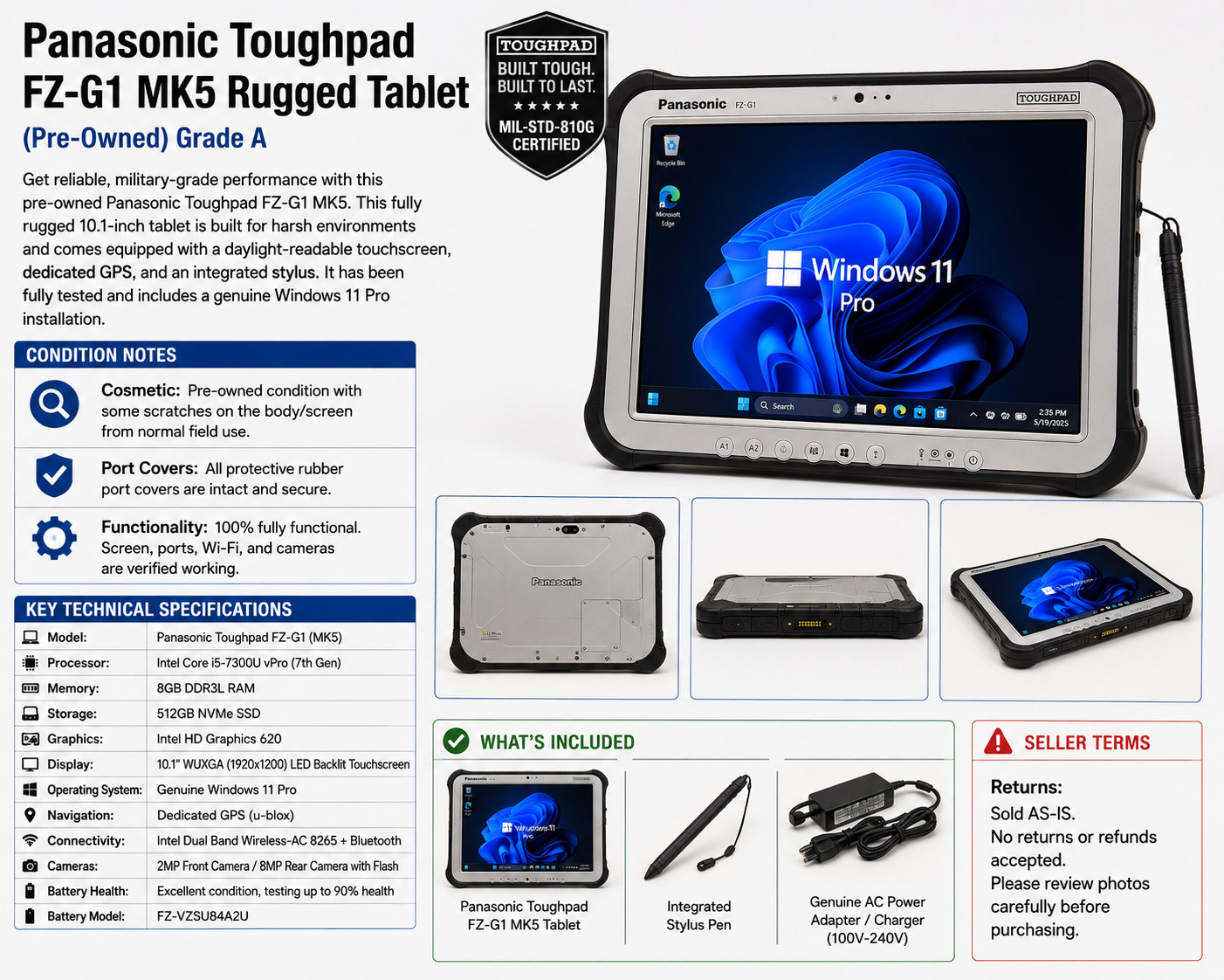 Panasonic Toughpad FZ-G1 MK5 10.1″ i5-7300U 8GB 512GB NVMe Win11 Pro GPS Rugged