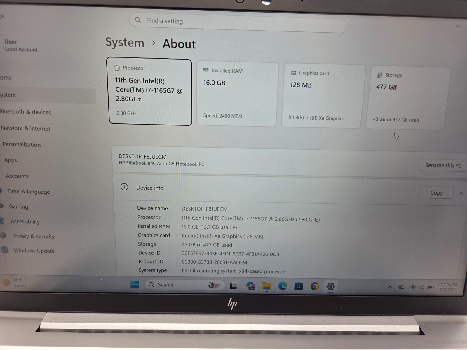 HP ELITEBOOK 840 AERO G8 i7-1165G7 2.80GHZ 16GB–512GB SSD WIN 11 PRO TOUCH