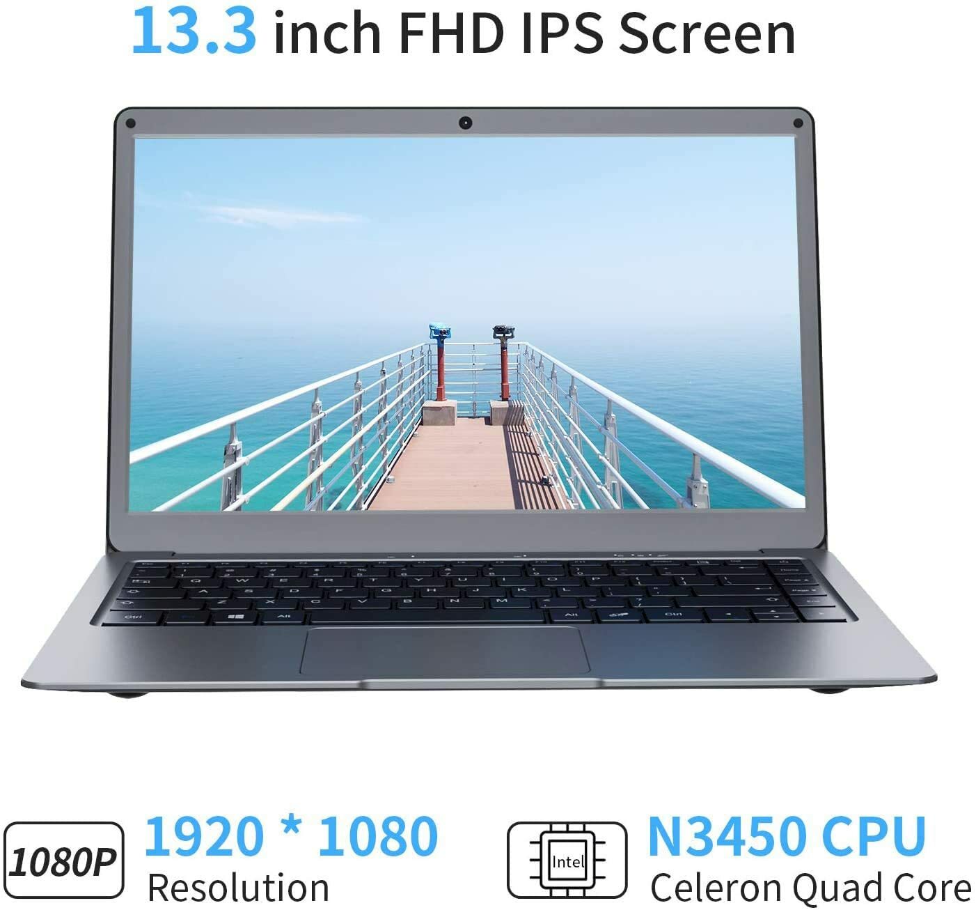 Laptop 13.3 inch 8GB RAM 128GB ROM Quad Core Celeron, Windows 10 Thin and Gray