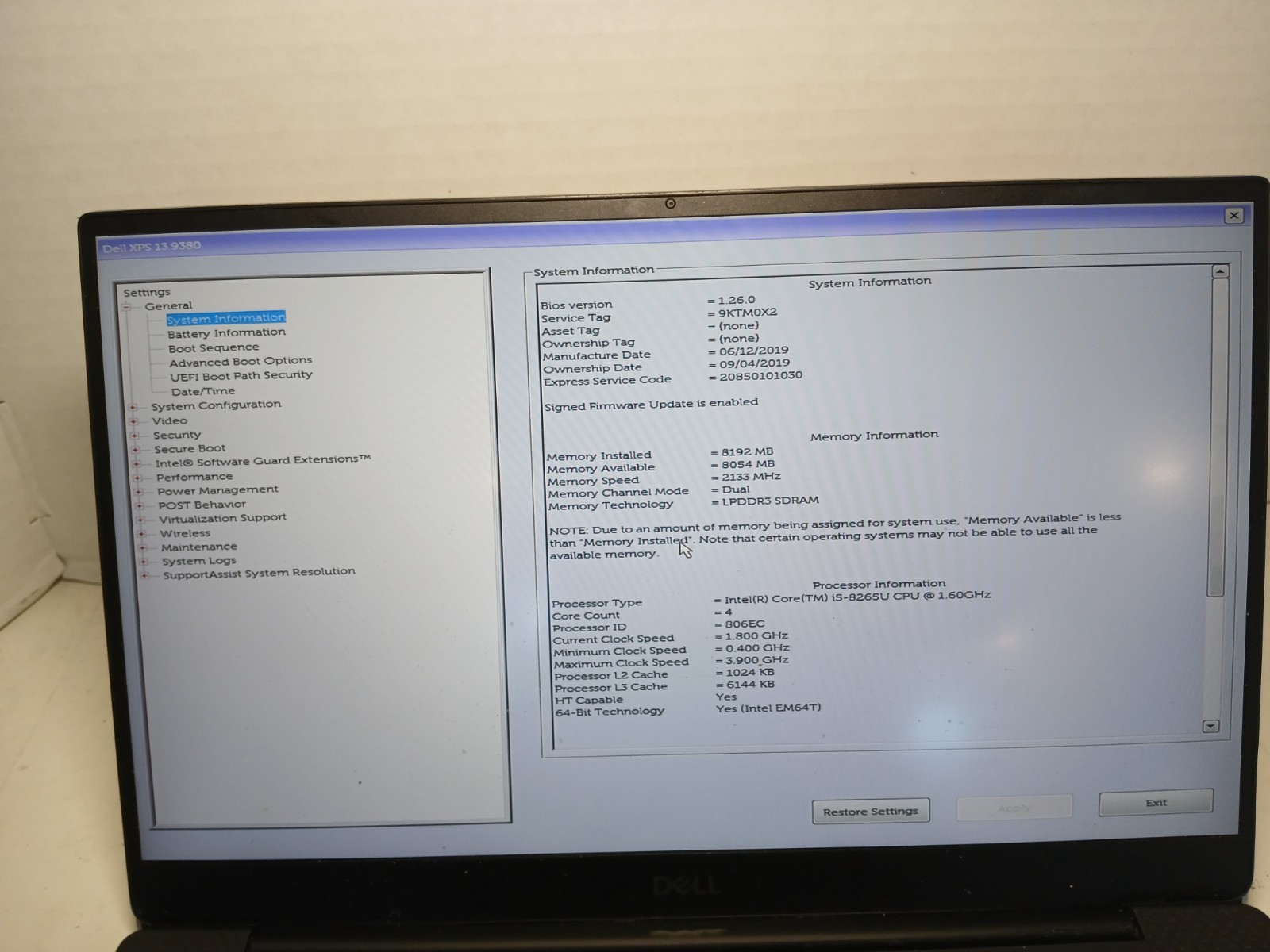 Dell XPS 13 9380 Laptop Core i5-8265U 1.60GHz 8GB RAM No SSD/OS! #97