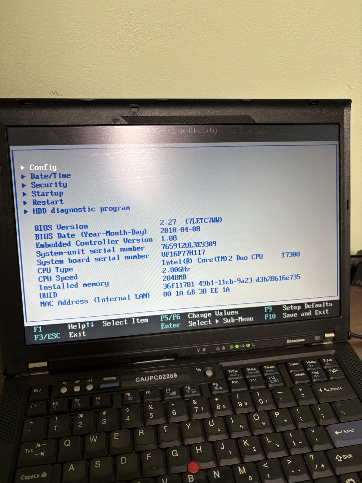 Lenovo Thinkpad T61 Powers On Untested