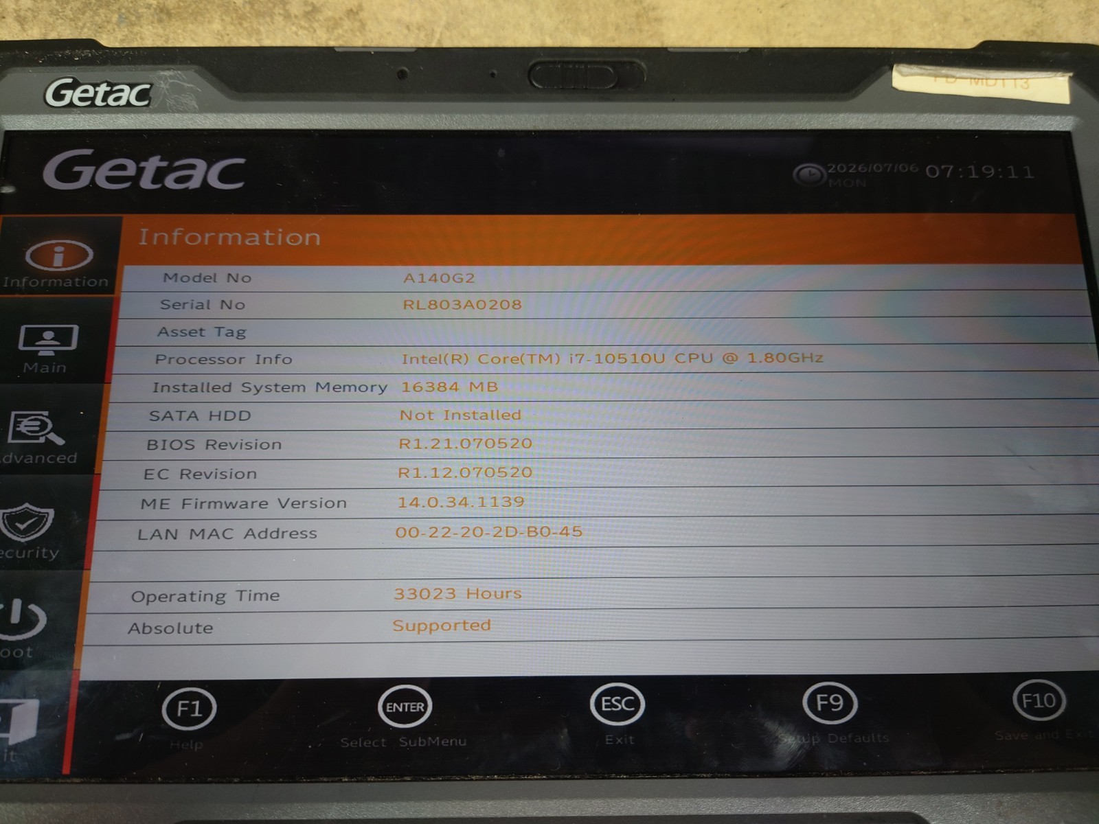 Getac A140 G2 Rugged i7-10510U 16GB RAM No OS/SSD