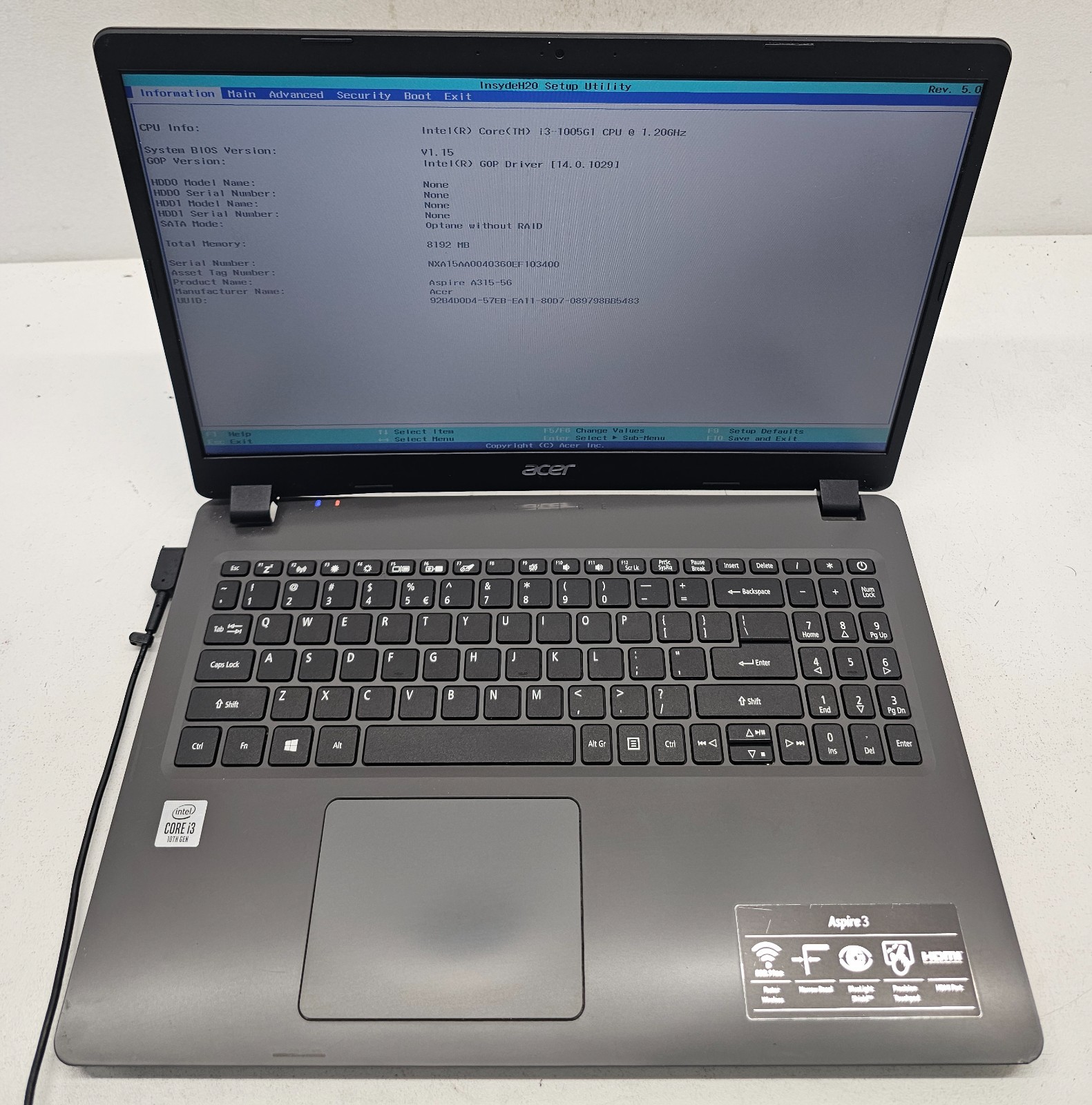 Acer Aspire 3 A315-56-36RX Laptop Intel Core i3-1005G1 8GB Ram NO HD/OS (FL)