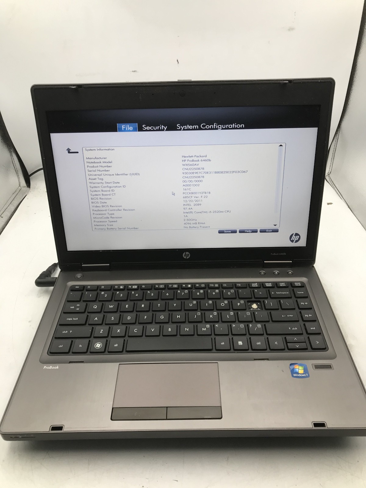 HP PROBOOK 6460B – BOOTS TO BIOS – INTEL I5 2520M – 4GB RAM – RREAD DESCRIP – BB