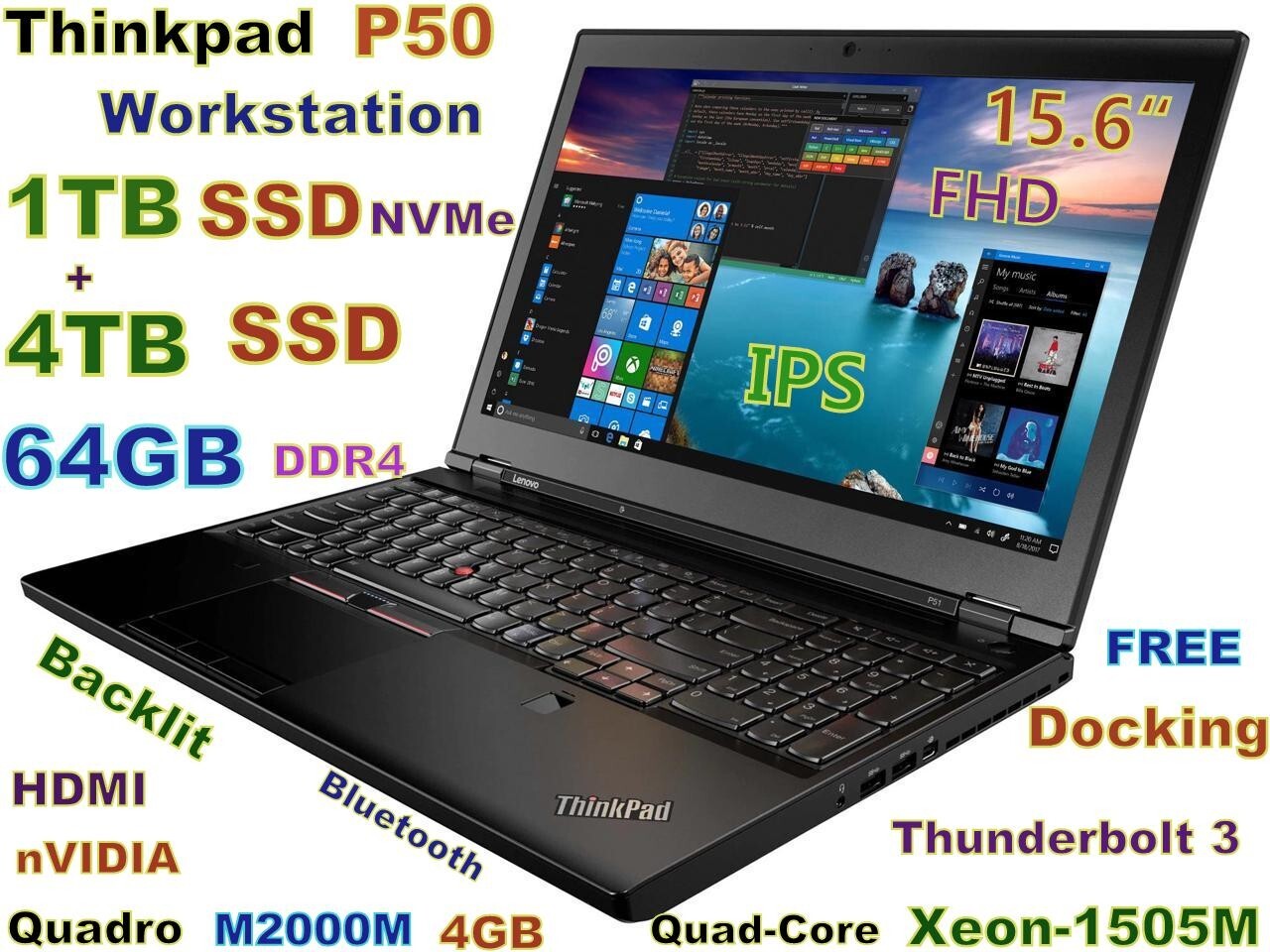 Workstation Lenovo P50 Xeon 1505M 1TB NVMe + 4TB SSD 64GB 15.6 M2000M 4GB + Dock