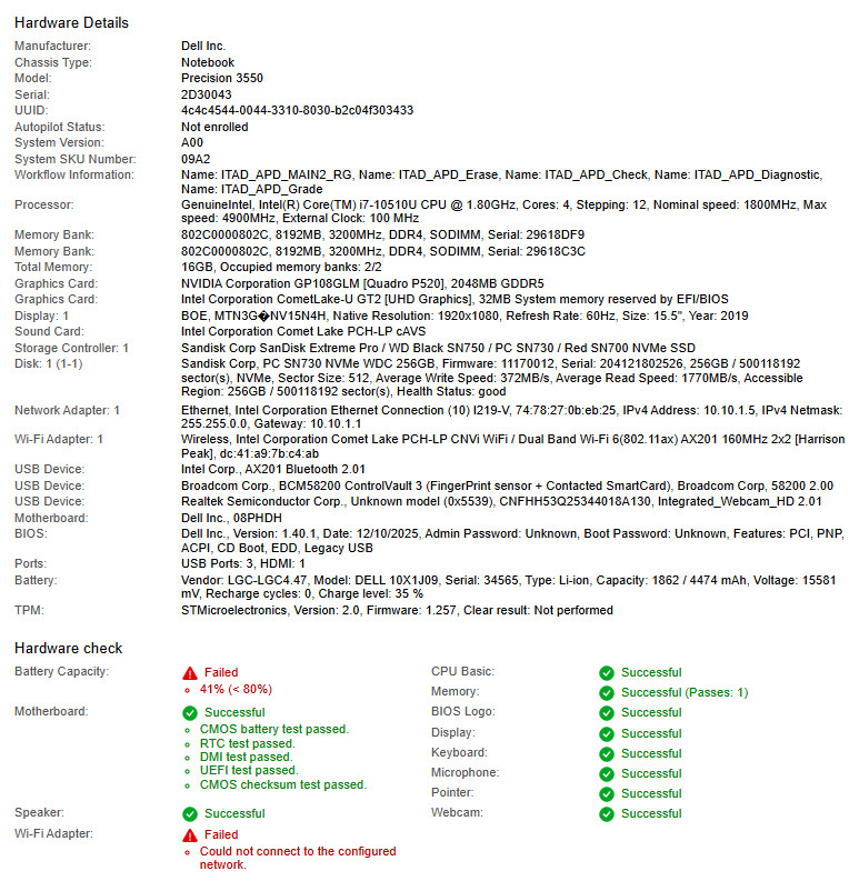 Dell Precision 3550, i7-10510U CPU, @1.80GHz, 16GB RAM, 256GB NVMe-No OS/Charger